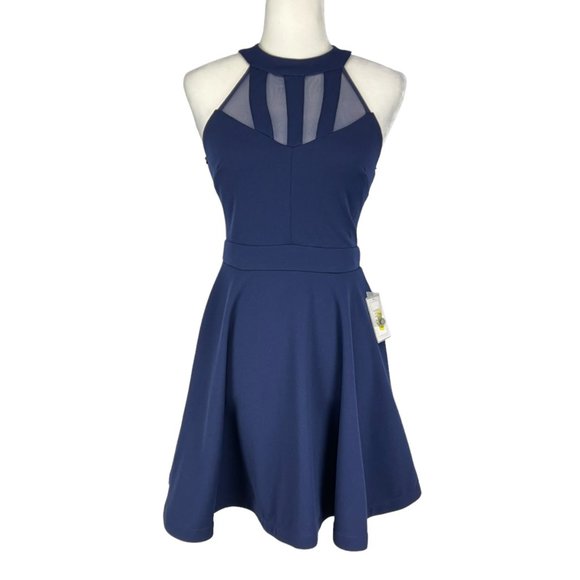 B Darlin Womens Fit Flare Party Dress Blue Mesh Sleeveless Juniors size 3 4 - Picture 1 of 12